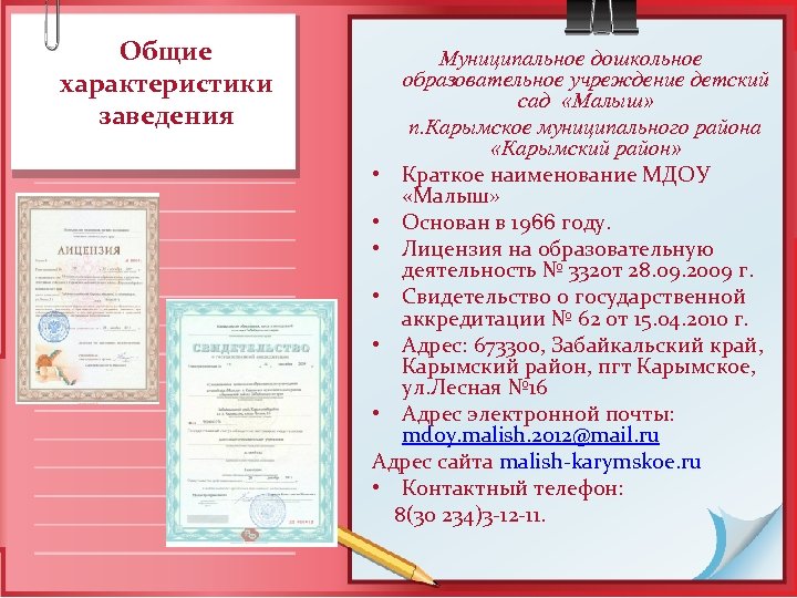 Общие характеристики заведения Муниципальное дошкольное образовательное учреждение детский сад «Малыш» п. Карымское муниципального района