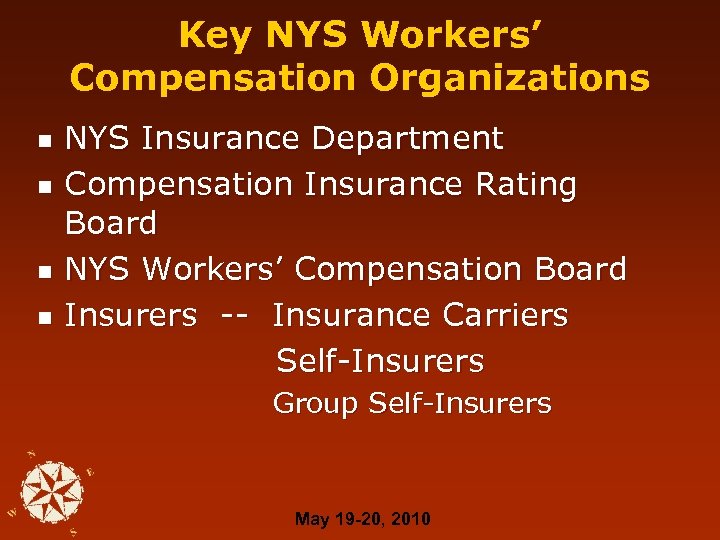 Key NYS Workers’ Compensation Organizations n n NYS Insurance Department Compensation Insurance Rating Board
