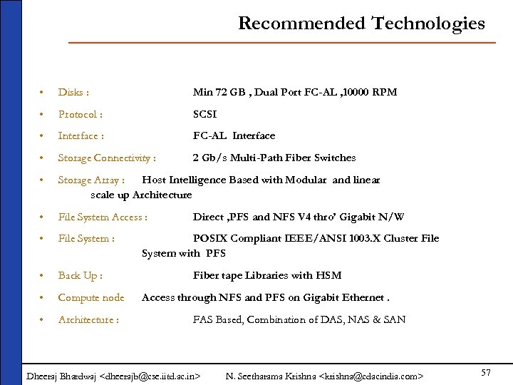 Recommended Technologies • Disks : Min 72 GB , Dual Port FC-AL , 10000