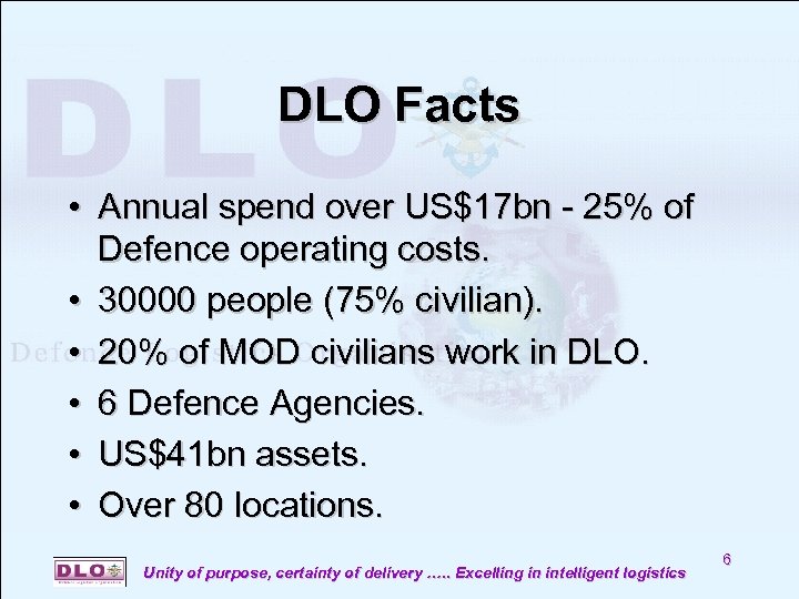 DLO Facts • Annual spend over US$17 bn - 25% of Defence operating costs.