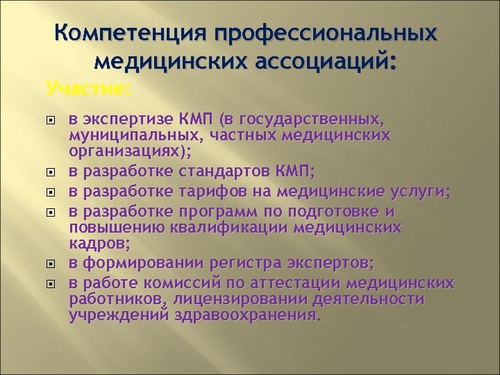 Компетенция профессиональных медицинских ассоциаций: Участие: в экспертизе КМП (в государственных, муниципальных, частных медицинских организациях);