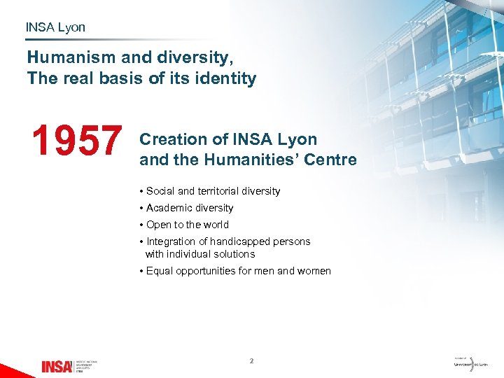 INSA Lyon Humanism and diversity, The real basis of its identity 1957 Creation of