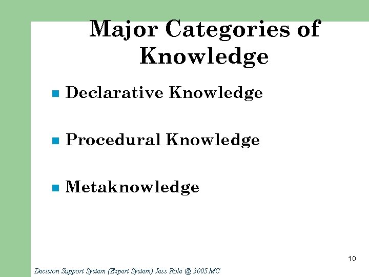 Major Categories of Knowledge n Declarative Knowledge n Procedural Knowledge n Metaknowledge 10 