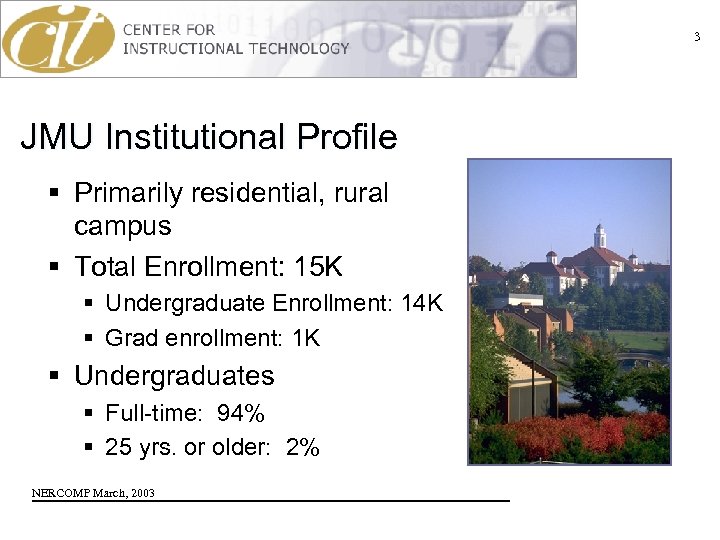3 JMU Institutional Profile § Primarily residential, rural campus § Total Enrollment: 15 K