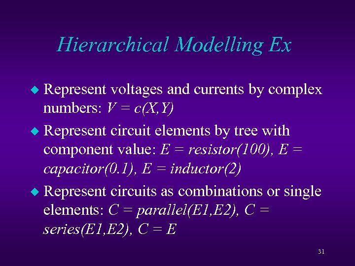 Hierarchical Modelling Ex Represent voltages and currents by complex numbers: V = c(X, Y)
