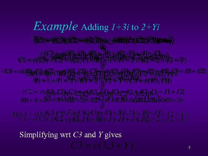 Example Adding 1+3 i to 2+Yi Simplifying wrt C 3 and Y gives 5