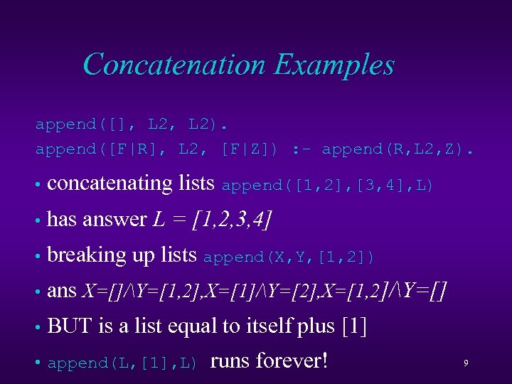 Concatenation Examples append([], L 2). append([F|R], L 2, [F|Z]) : - append(R, L 2,