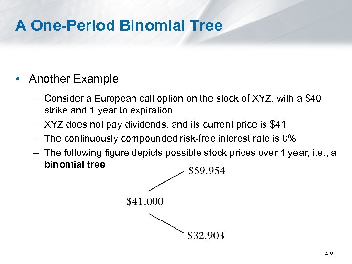 A One-Period Binomial Tree • Another Example – Consider a European call option on