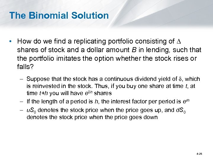 The Binomial Solution • How do we find a replicating portfolio consisting of shares
