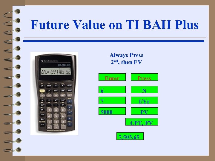 Future Value on TI BAII Plus Always Press 2 nd, then FV Enter Press