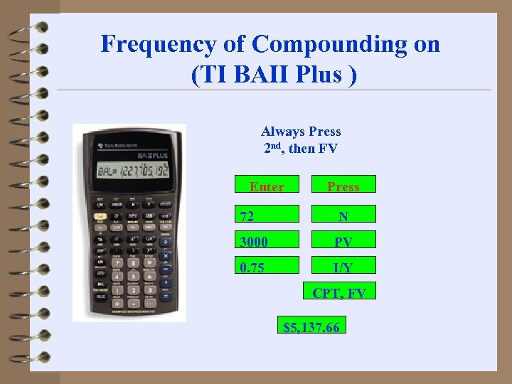 Frequency of Compounding on (TI BAII Plus ) Always Press 2 nd, then FV