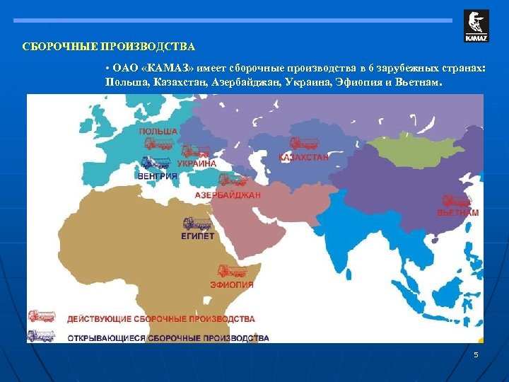 СБОРОЧНЫЕ ПРОИЗВОДСТВА • ОАО «КАМАЗ» имеет сборочные производства в 6 зарубежных странах: Польша, Казахстан,