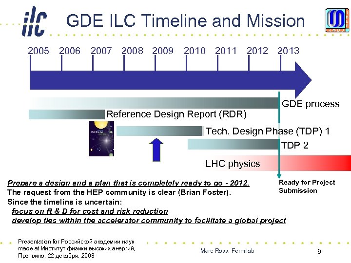 GDE ILC Timeline and Mission 2005 2006 2007 2008 2009 2010 2011 2012 2013