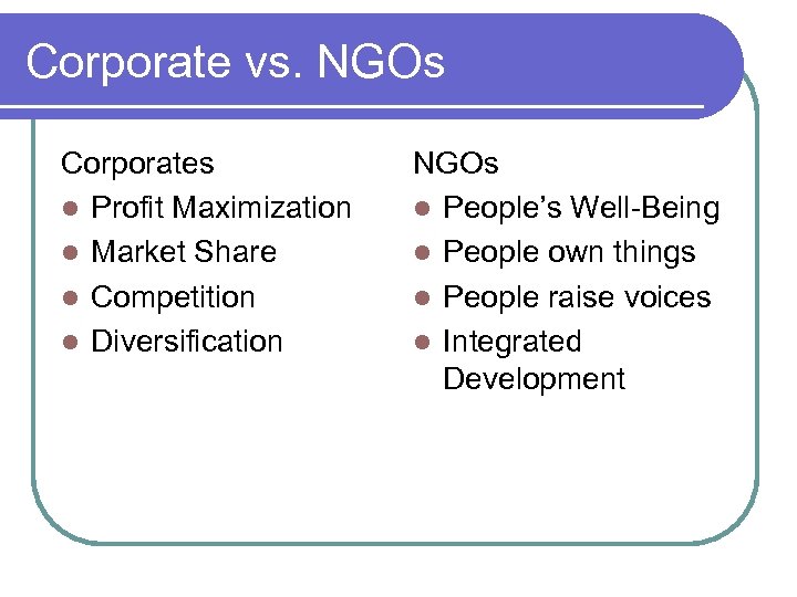 Corporate vs. NGOs Corporates l Profit Maximization l Market Share l Competition l Diversification