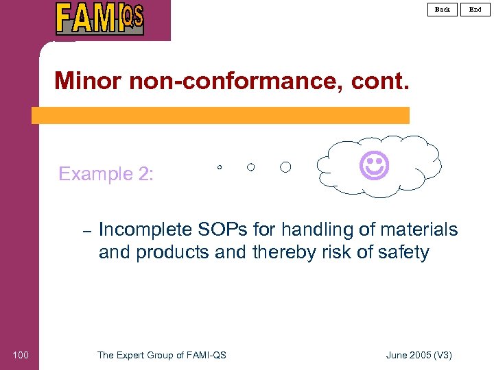 Back Minor non-conformance, cont. Example 2: – 100 Incomplete SOPs for handling of materials