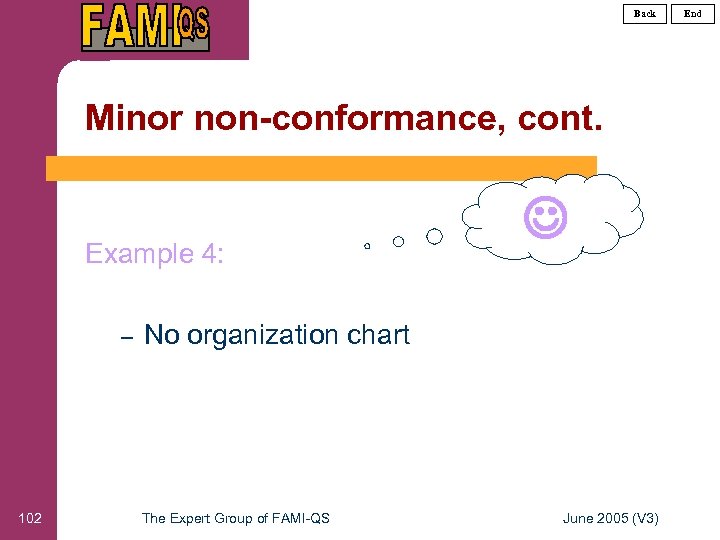 Back Minor non-conformance, cont. Example 4: – 102 No organization chart The Expert Group