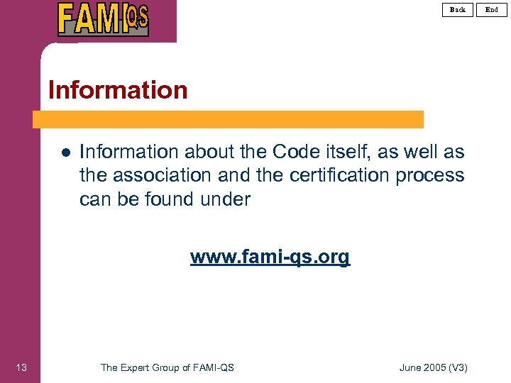 Back Information l Information about the Code itself, as well as the association and