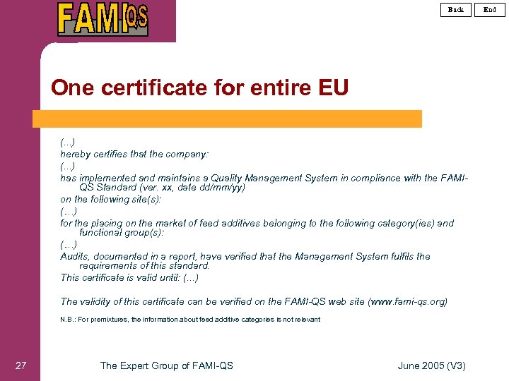 Back One certificate for entire EU (. . . ) hereby certifies that the
