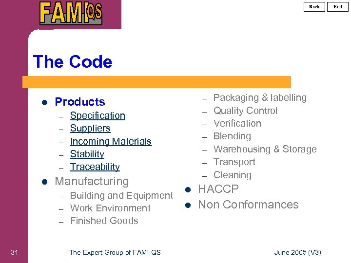 Back The Code l – – – Specification Suppliers Incoming Materials Stability Traceability Manufacturing