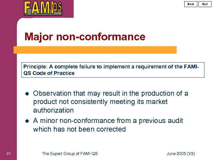 Back Major non-conformance Principle: A complete failure to implement a requirement of the FAMIQS