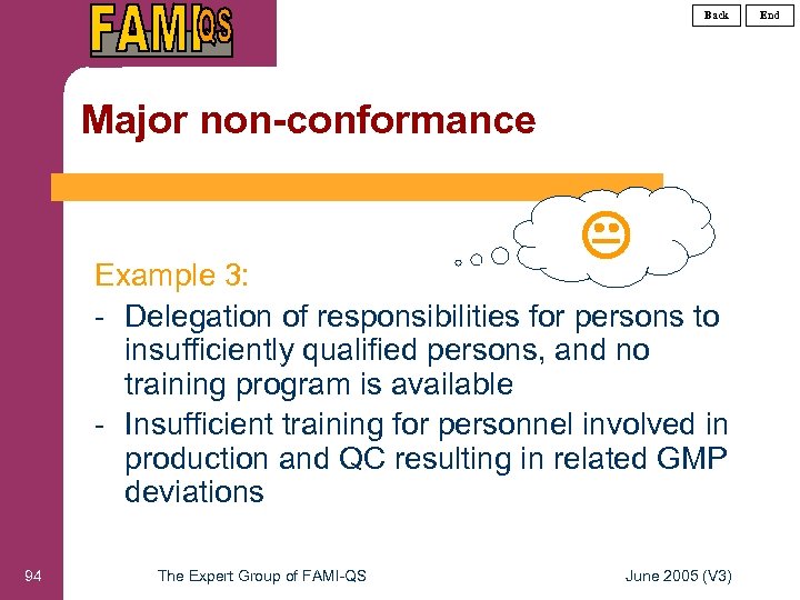 Back Major non-conformance Example 3: - Delegation of responsibilities for persons to insufficiently qualified