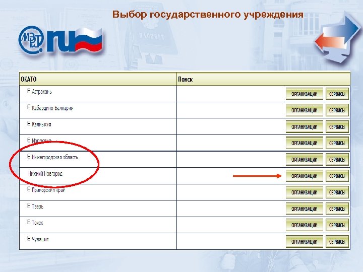 Выбор государственного учреждения 