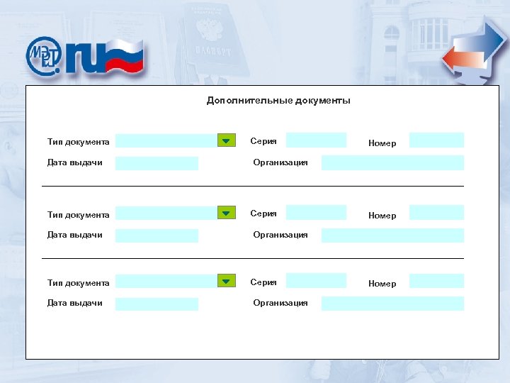 Дополнительные документы Серия Тип документа Дата выдачи Номер Организация Серия Тип документа Номер Организация