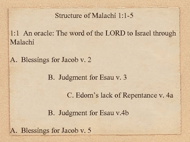 Structure of Malachi 1: 1 -5 1: 1 An oracle: The word of the