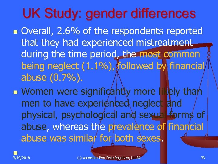 UK Study: gender differences n n n Overall, 2. 6% of the respondents reported