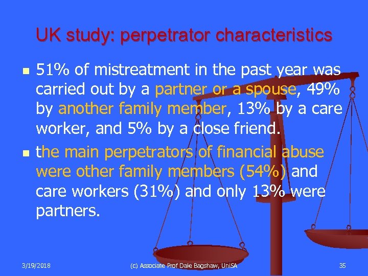 UK study: perpetrator characteristics n n 51% of mistreatment in the past year was