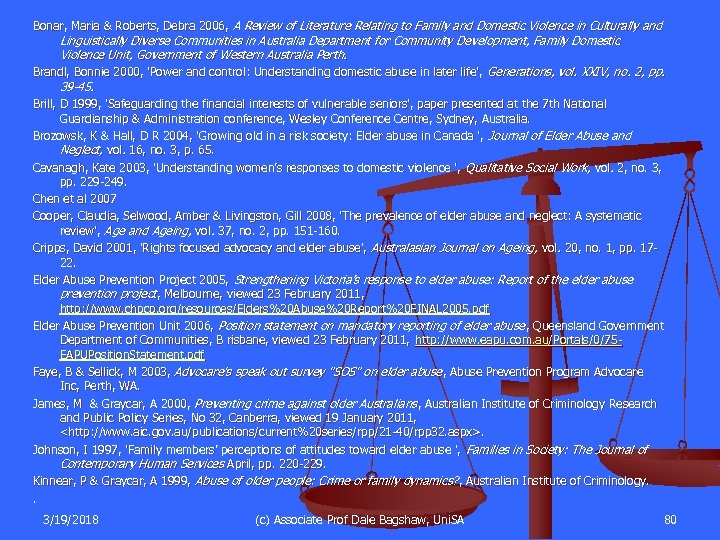 Bonar, Maria & Roberts, Debra 2006, A Review of Literature Relating to Family and