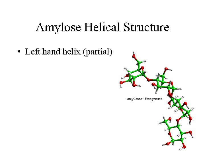 Amylose Helical Structure • Left hand helix (partial) 