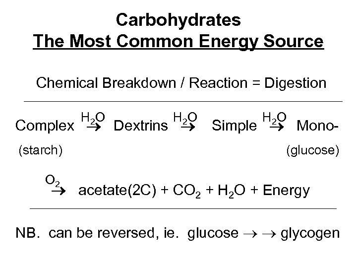 Carbohydrates The Most Common Energy Source Chemical Breakdown / Reaction = Digestion H 2