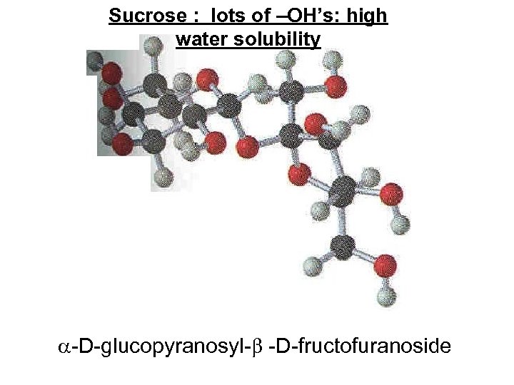 Sucrose : lots of –OH’s: high water solubility -D-glucopyranosyl- -D-fructofuranoside 