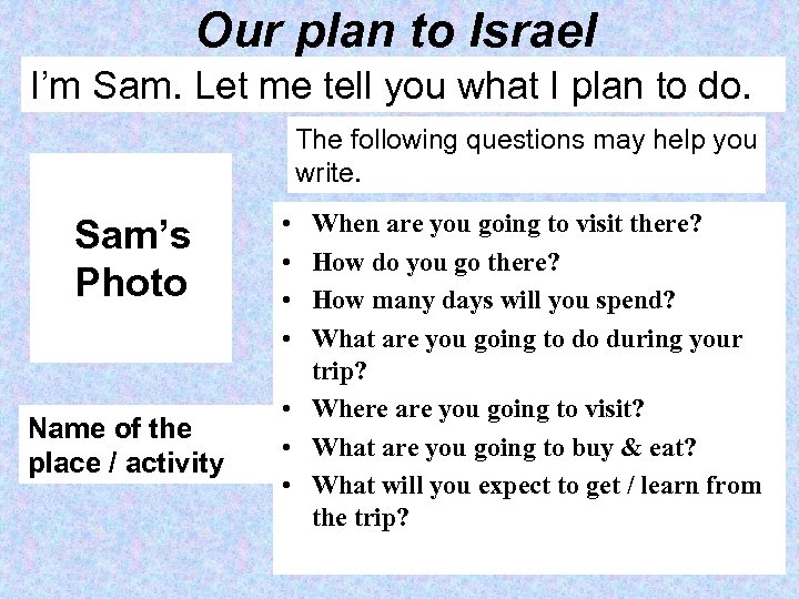 Our plan to Israel I’m Sam. Let me tell you what I plan to