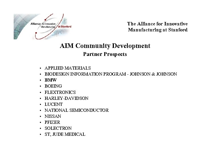 The Alliance for Innovative Manufacturing at Stanford AIM Community Development Partner Prospects • •