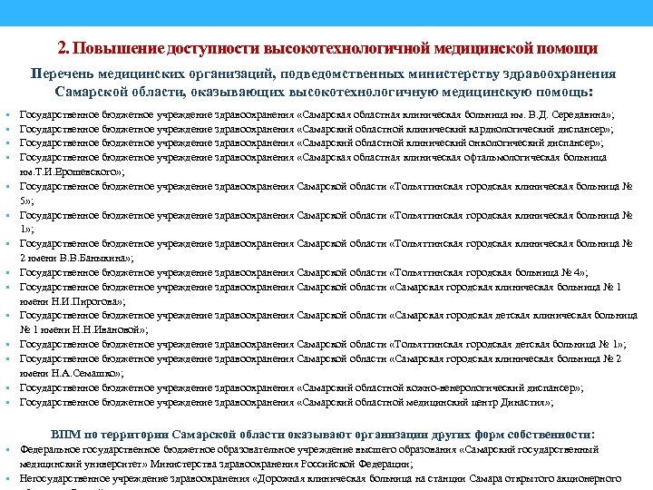 Реестр организаций здравоохранения. Перечень ВМП. Повышение доступности медицинской помощи. Высокотехнологичная медицинская помощь перечень.