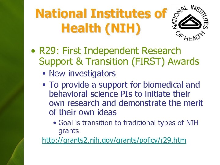 National Institutes of Health (NIH) • R 29: First Independent Research Support & Transition