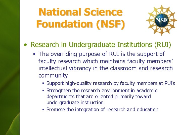 National Science Foundation (NSF) • Research in Undergraduate Institutions (RUI) § The overriding purpose