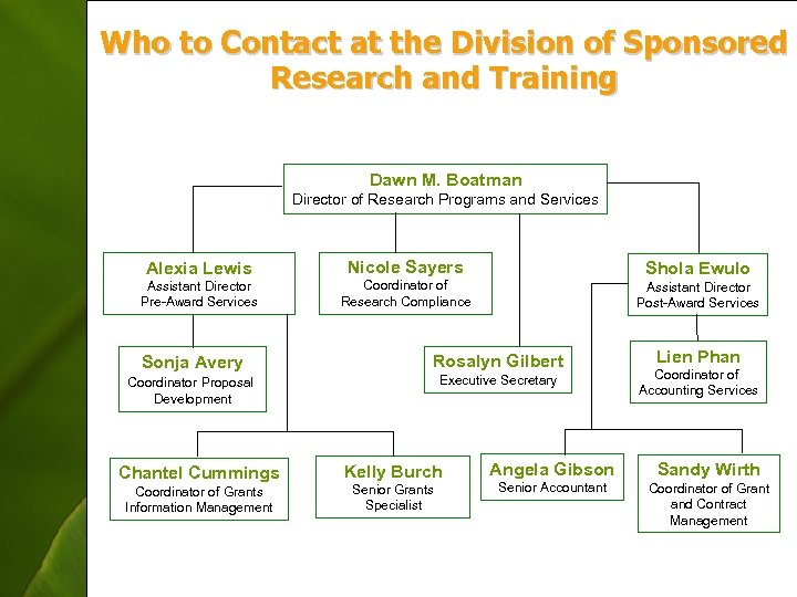 Who to Contact at the Division of Sponsored Research and Training Dawn M. Boatman