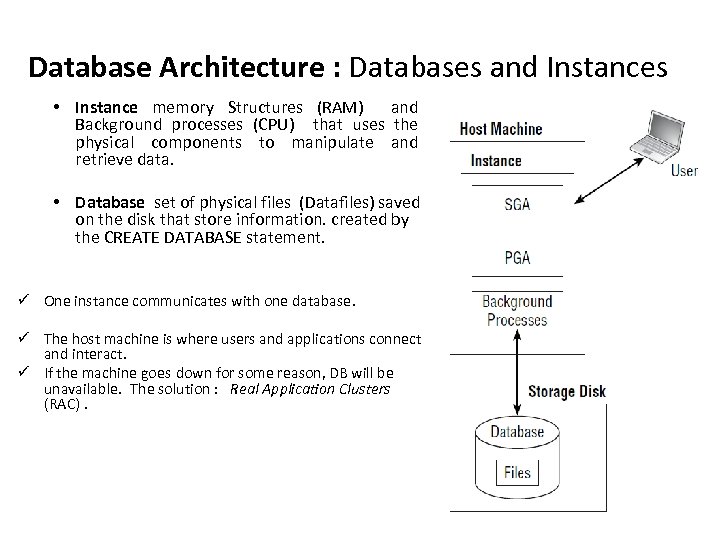 Database Architecture : Databases and Instances • Instance memory Structures (RAM) and Background processes