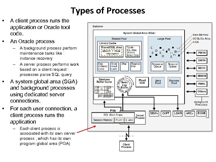 Types of Processes • • A client process runs the application or Oracle tool