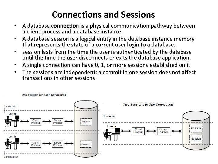 Connections and Sessions • A database connection is a physical communication pathway between a