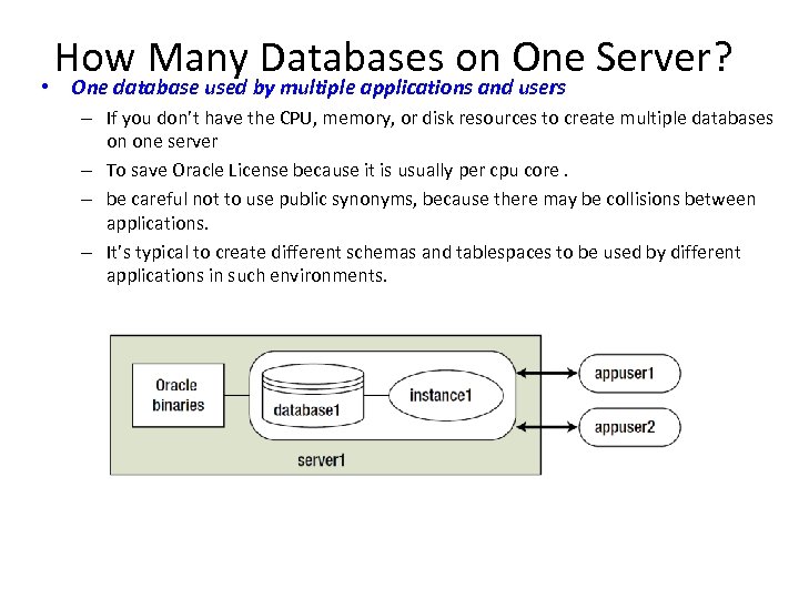 How Many Databases on One Server? • One database used by multiple applications and