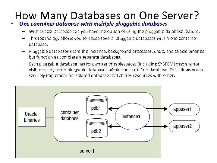 How Many Databases on One Server? • One container database with multiple pluggable databases