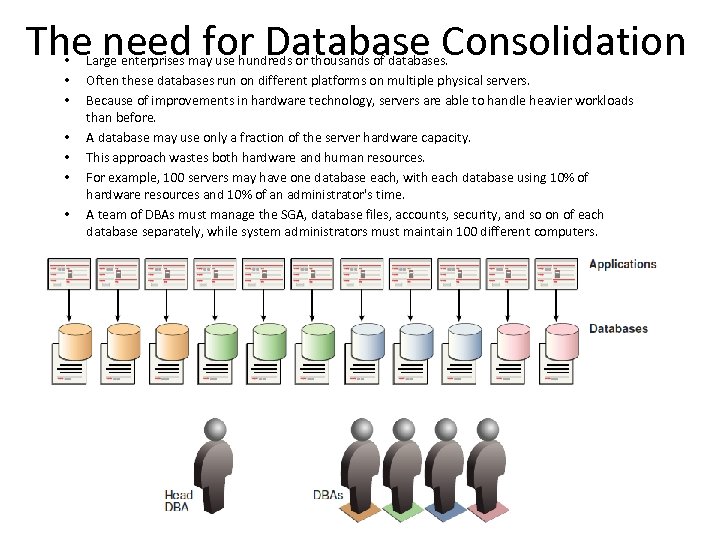 The need for Database Consolidation • • Large enterprises may use hundreds or thousands