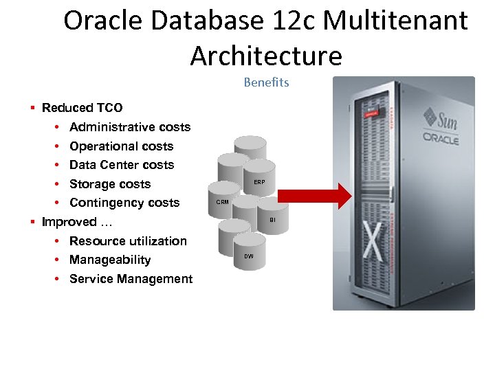Oracle Database 12 c Multitenant Architecture Benefits § Reduced TCO • Administrative costs •