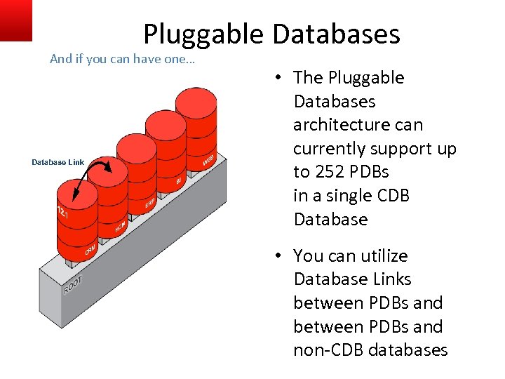 Pluggable Databases And if you can have one… Database Link • The Pluggable Databases