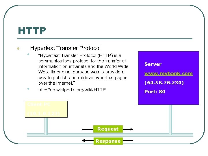 HTTP l • • Hypertext Transfer Protocol “Hypertext Transfer Protocol (HTTP) is a communications