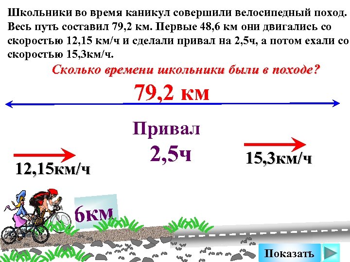 Школьники во время каникул совершили велосипедный поход. Весь путь составил 79, 2 км. Первые